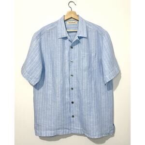 Tommy Bahama Mens Button Down Shirt L Linen Blue Striped Pockets Short Sleeve